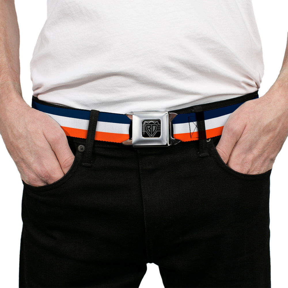 BD Wings Logo CLOSE-UP Full Color Black Silver Seatbelt Belt - Stripe Navy/White/Orange Webbing - Buckle-Down - Flyclothing LLC
