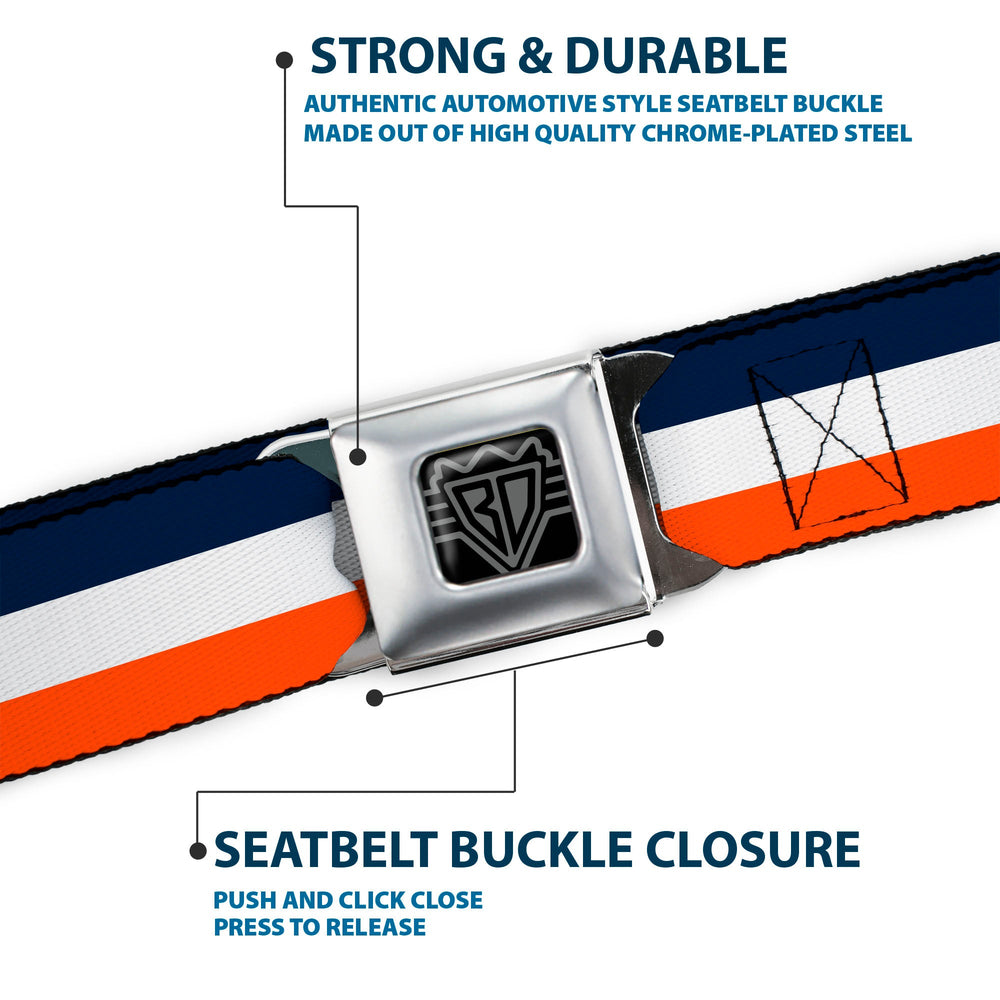 BD Wings Logo CLOSE-UP Full Color Black Silver Seatbelt Belt - Stripe Navy/White/Orange Webbing - Buckle-Down - Flyclothing LLC