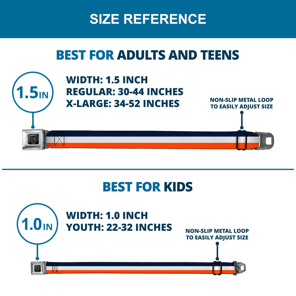 BD Wings Logo CLOSE-UP Full Color Black Silver Seatbelt Belt - Stripe Navy/White/Orange Webbing - Buckle-Down - Flyclothing LLC