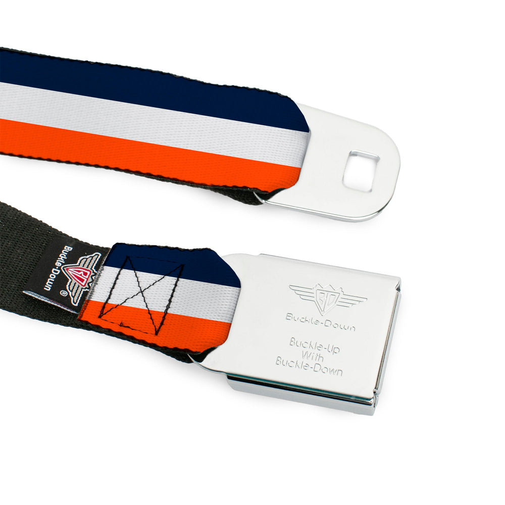 BD Wings Logo CLOSE-UP Full Color Black Silver Seatbelt Belt - Stripe Navy/White/Orange Webbing - Buckle-Down - Flyclothing LLC