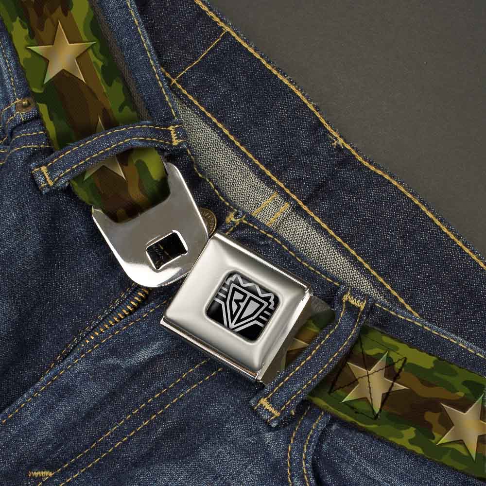 BD Wings Logo CLOSE-UP Full Color Black Silver Seatbelt Belt - Star Camo Olive/Gold Webbing - Buckle-Down - Flyclothing LLC