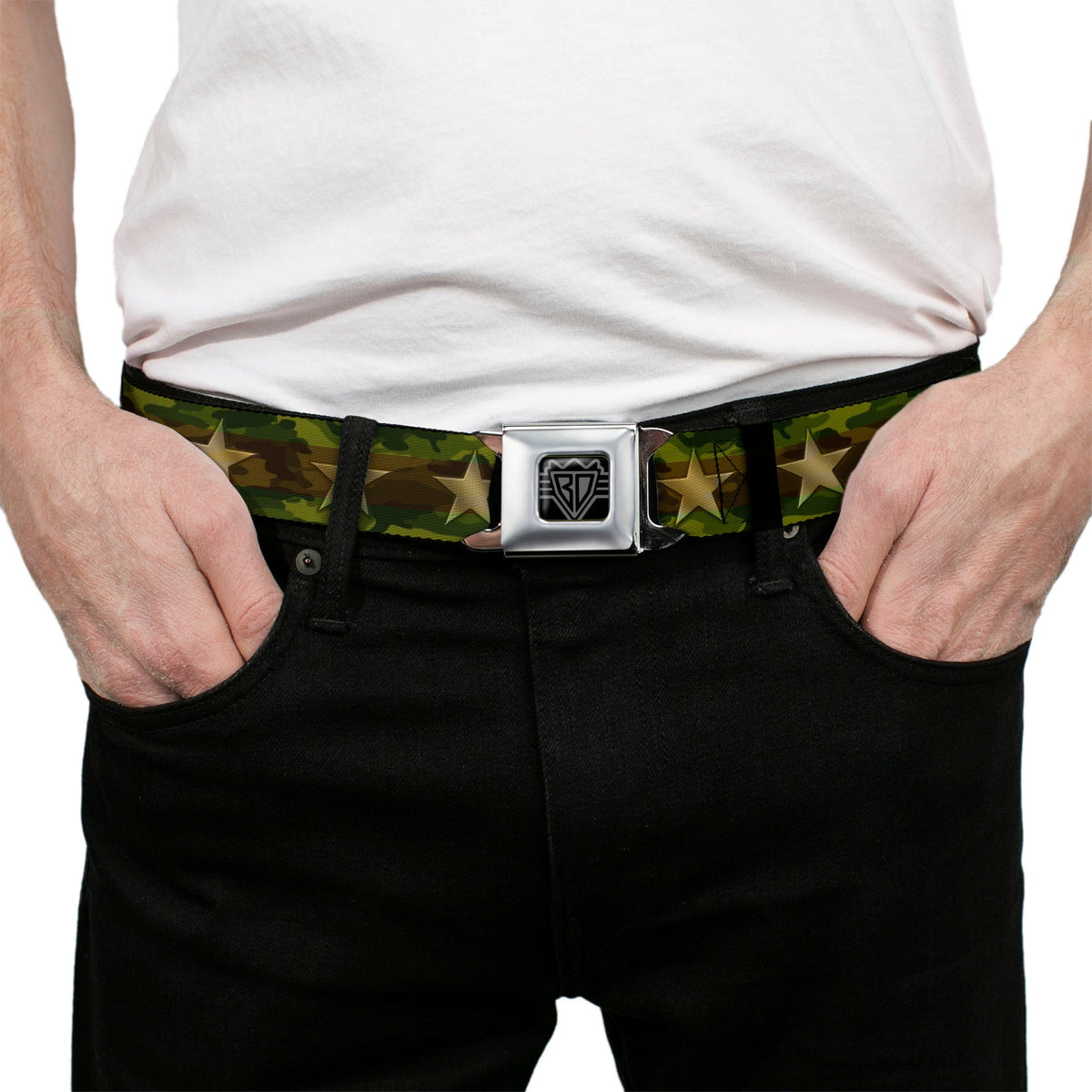 BD Wings Logo CLOSE-UP Full Color Black Silver Seatbelt Belt - Star Camo Olive/Gold Webbing - Buckle-Down - Flyclothing LLC