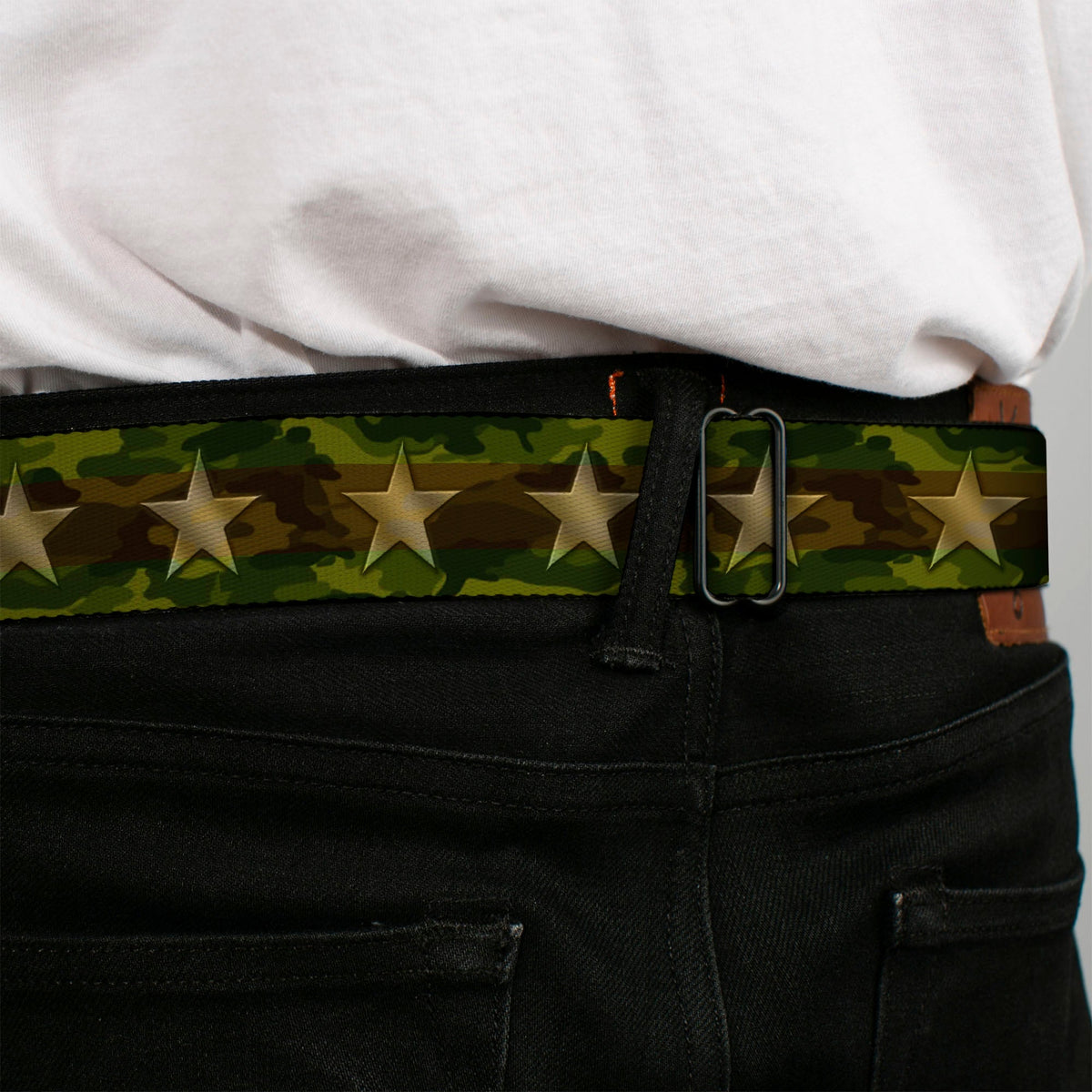 BD Wings Logo CLOSE-UP Full Color Black Silver Seatbelt Belt - Star Camo Olive/Gold Webbing - Buckle-Down - Flyclothing LLC