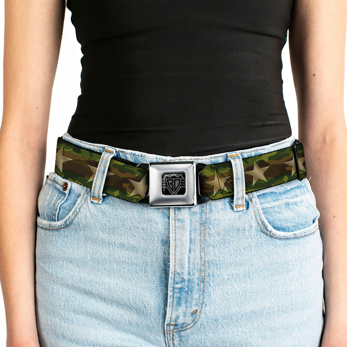 BD Wings Logo CLOSE-UP Full Color Black Silver Seatbelt Belt - Star Camo Olive/Gold Webbing - Buckle-Down - Flyclothing LLC