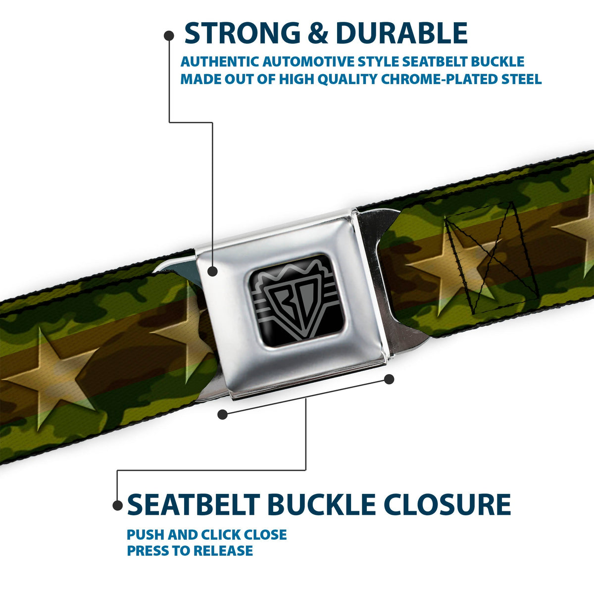 BD Wings Logo CLOSE-UP Full Color Black Silver Seatbelt Belt - Star Camo Olive/Gold Webbing - Buckle-Down - Flyclothing LLC