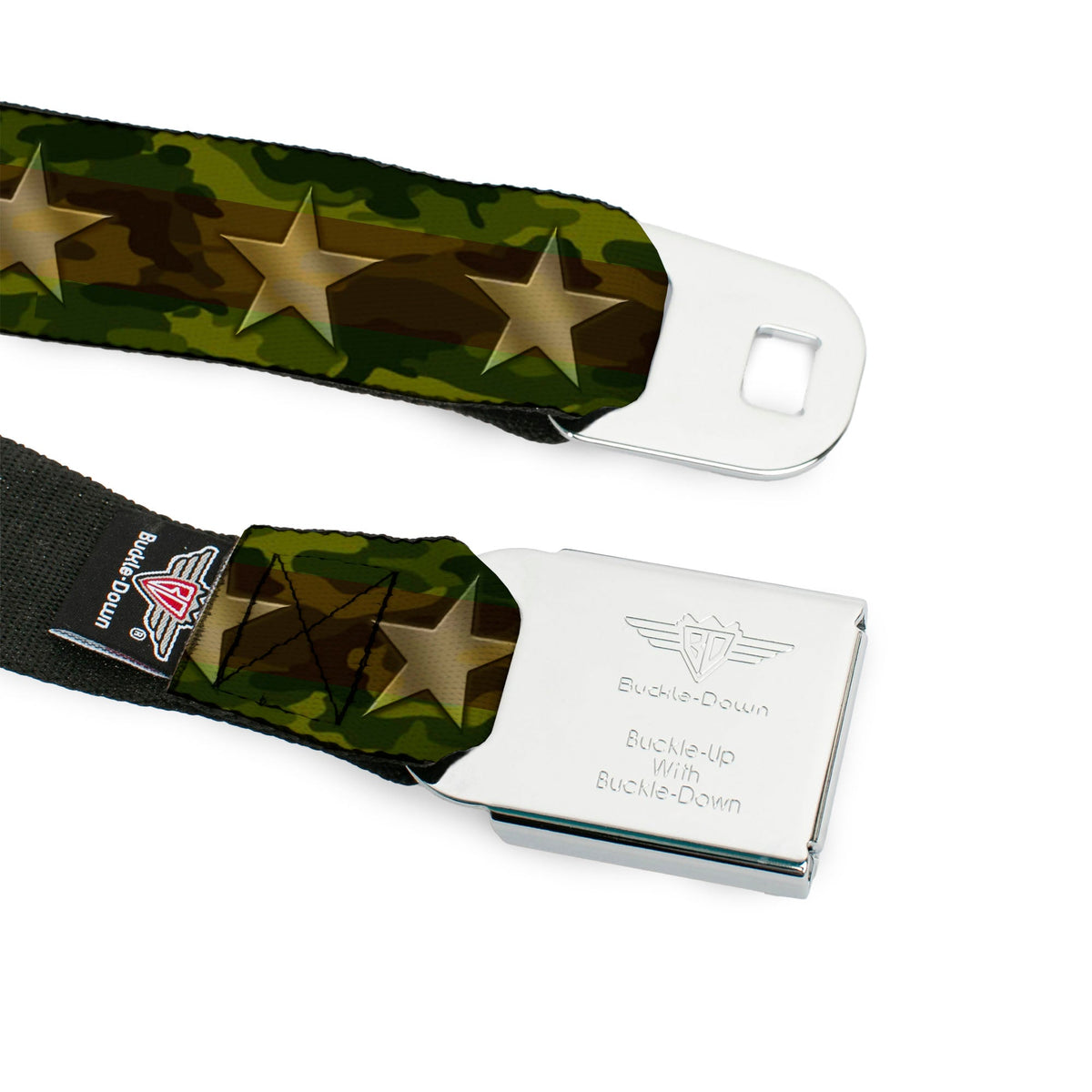 BD Wings Logo CLOSE-UP Full Color Black Silver Seatbelt Belt - Star Camo Olive/Gold Webbing - Buckle-Down - Flyclothing LLC