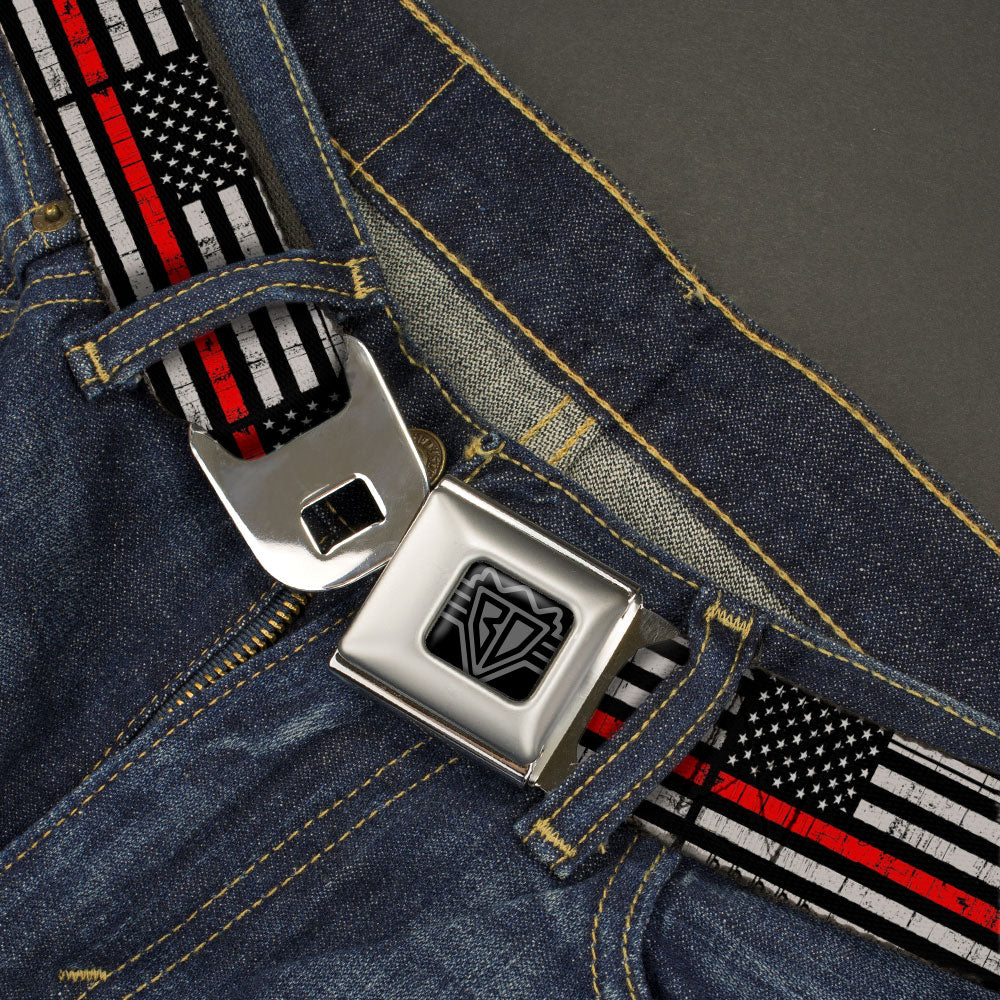 BD Wings Logo CLOSE-UP Full Color Black Silver Seatbelt Belt - Thin Red Line Flag Weathered Black/Gray/Red Webbing - Buckle-Down - Flyclothing LLC