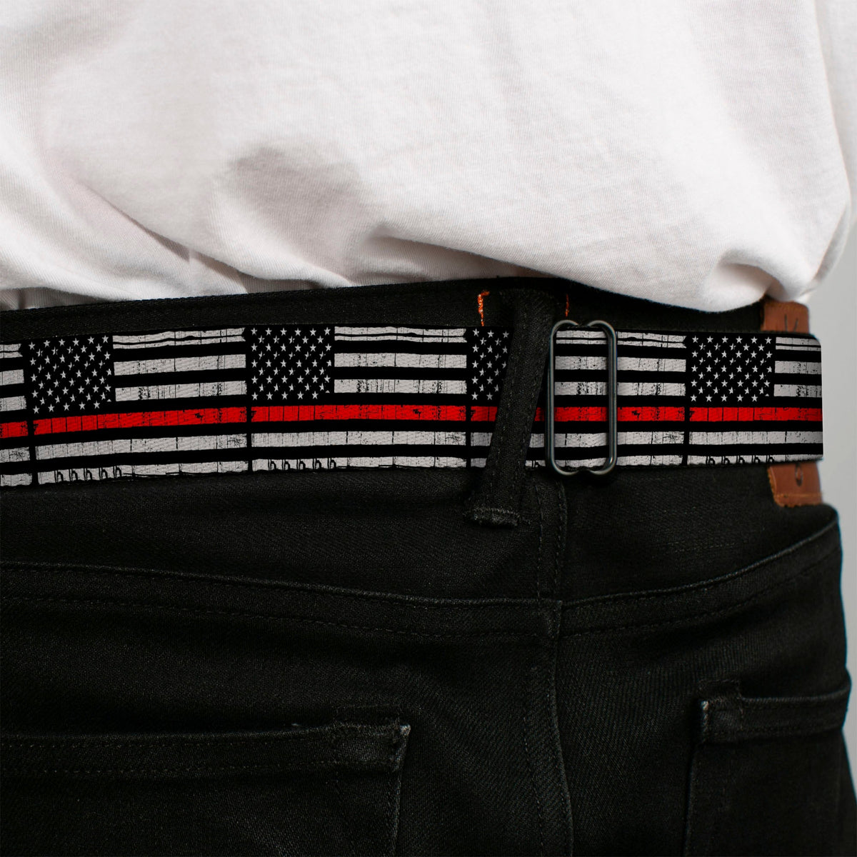 BD Wings Logo CLOSE-UP Full Color Black Silver Seatbelt Belt - Thin Red Line Flag Weathered Black/Gray/Red Webbing - Buckle-Down - Flyclothing LLC