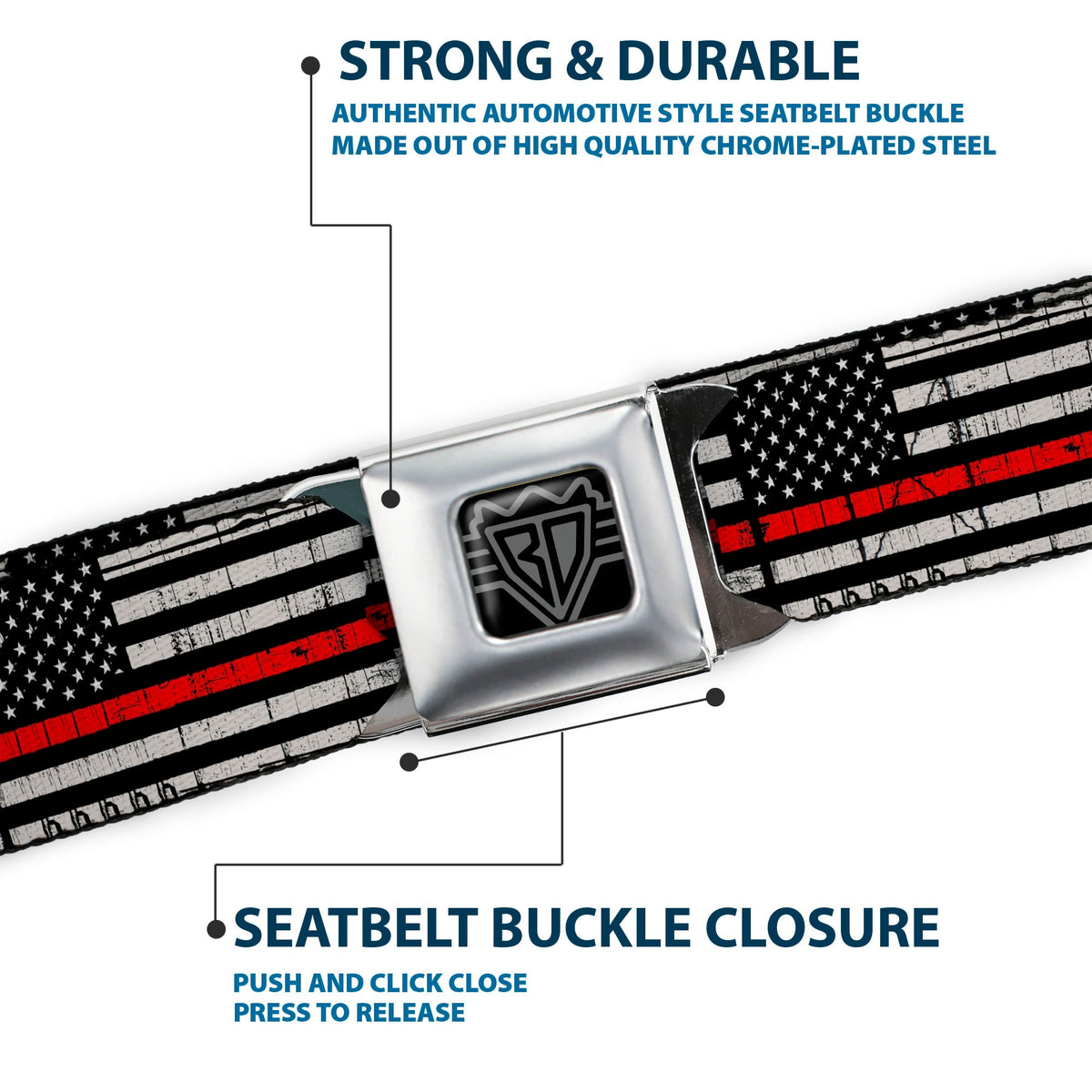BD Wings Logo CLOSE-UP Full Color Black Silver Seatbelt Belt - Thin Red Line Flag Weathered Black/Gray/Red Webbing - Buckle-Down - Flyclothing LLC