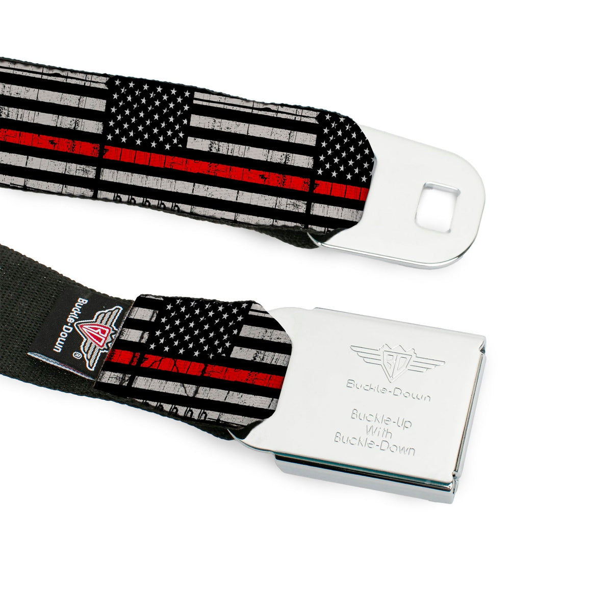 BD Wings Logo CLOSE-UP Full Color Black Silver Seatbelt Belt - Thin Red Line Flag Weathered Black/Gray/Red Webbing - Buckle-Down - Flyclothing LLC