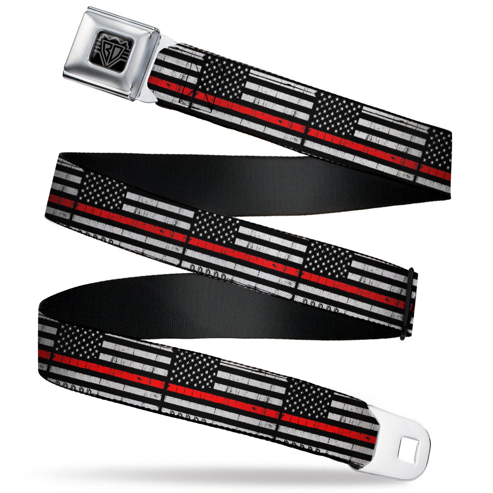 BD Wings Logo CLOSE-UP Full Color Black Silver Seatbelt Belt - Thin Red Line Flag Weathered Black/Gray/Red Webbing - Buckle-Down - Flyclothing LLC