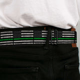 BD Wings Logo CLOSE-UP Black/Silver Seatbelt Belt - Thin Green Line Flag Weathered Black/Gray/Green Webbing