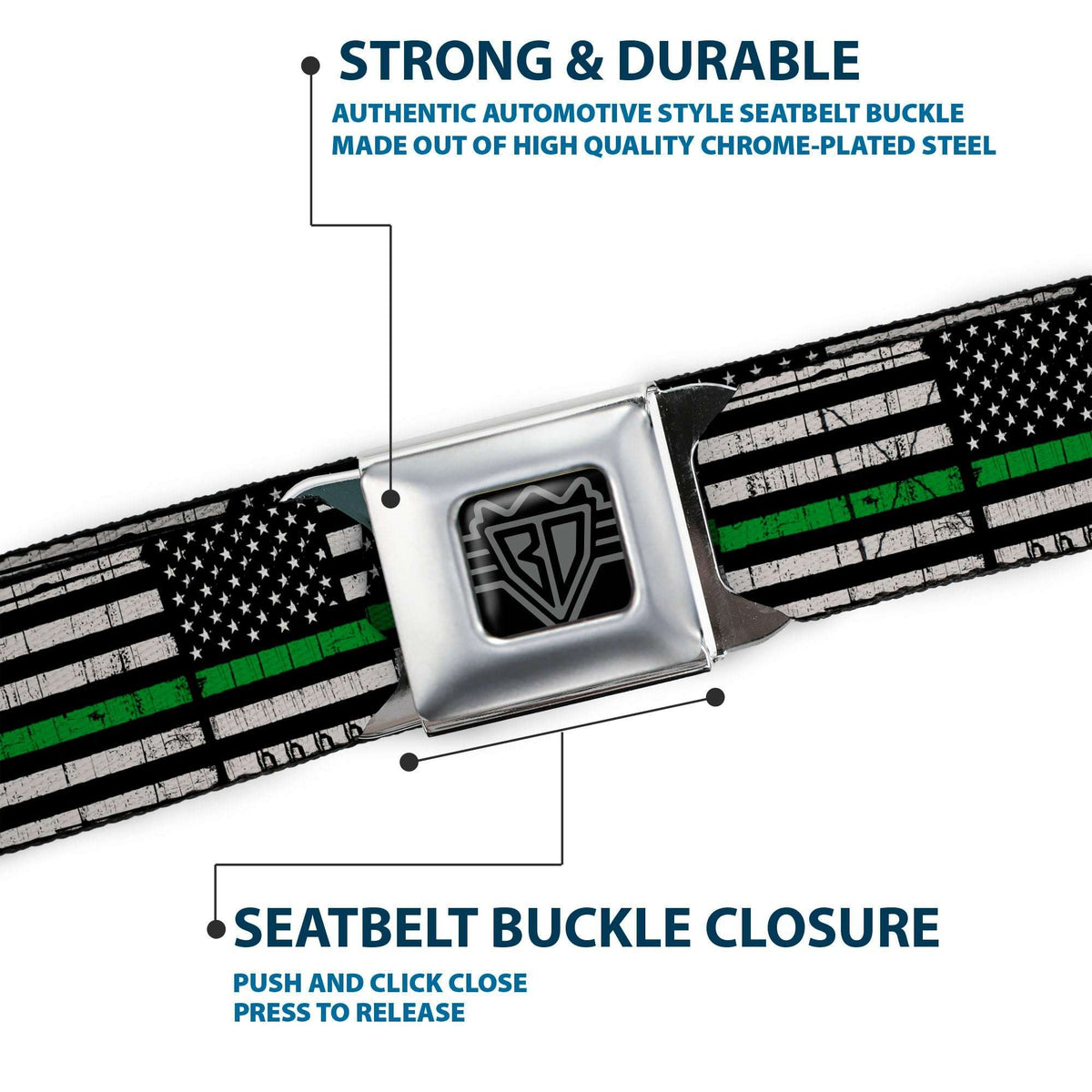 BD Wings Logo CLOSE-UP Black/Silver Seatbelt Belt - Thin Green Line Flag Weathered Black/Gray/Green Webbing