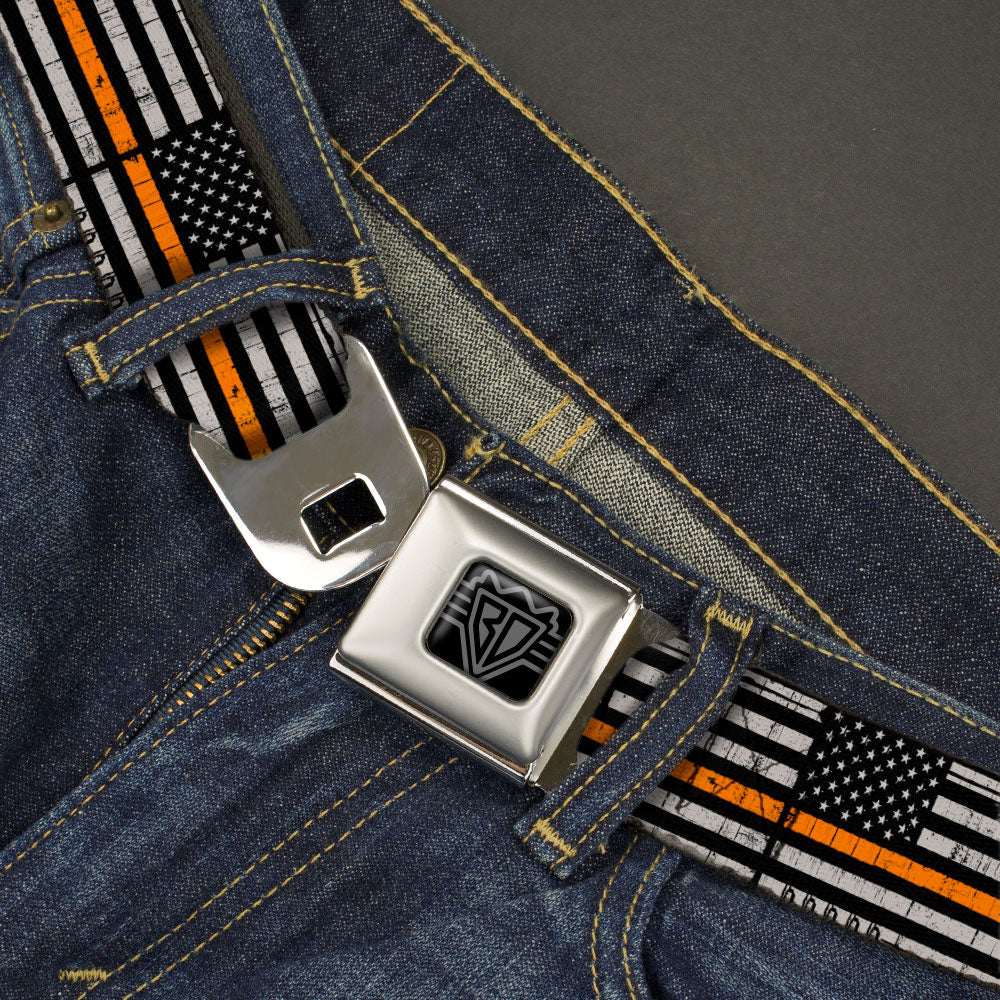 BD Wings Logo CLOSE-UP Black/Silver Seatbelt Belt - Thin Orange Line Flag Weathered Black/Gray/Orange Webbing - Buckle-Down - Flyclothing LLC