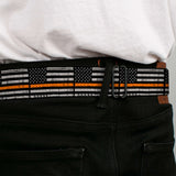 BD Wings Logo CLOSE-UP Black/Silver Seatbelt Belt - Thin Orange Line Flag Weathered Black/Gray/Orange Webbing - Buckle-Down - Flyclothing LLC