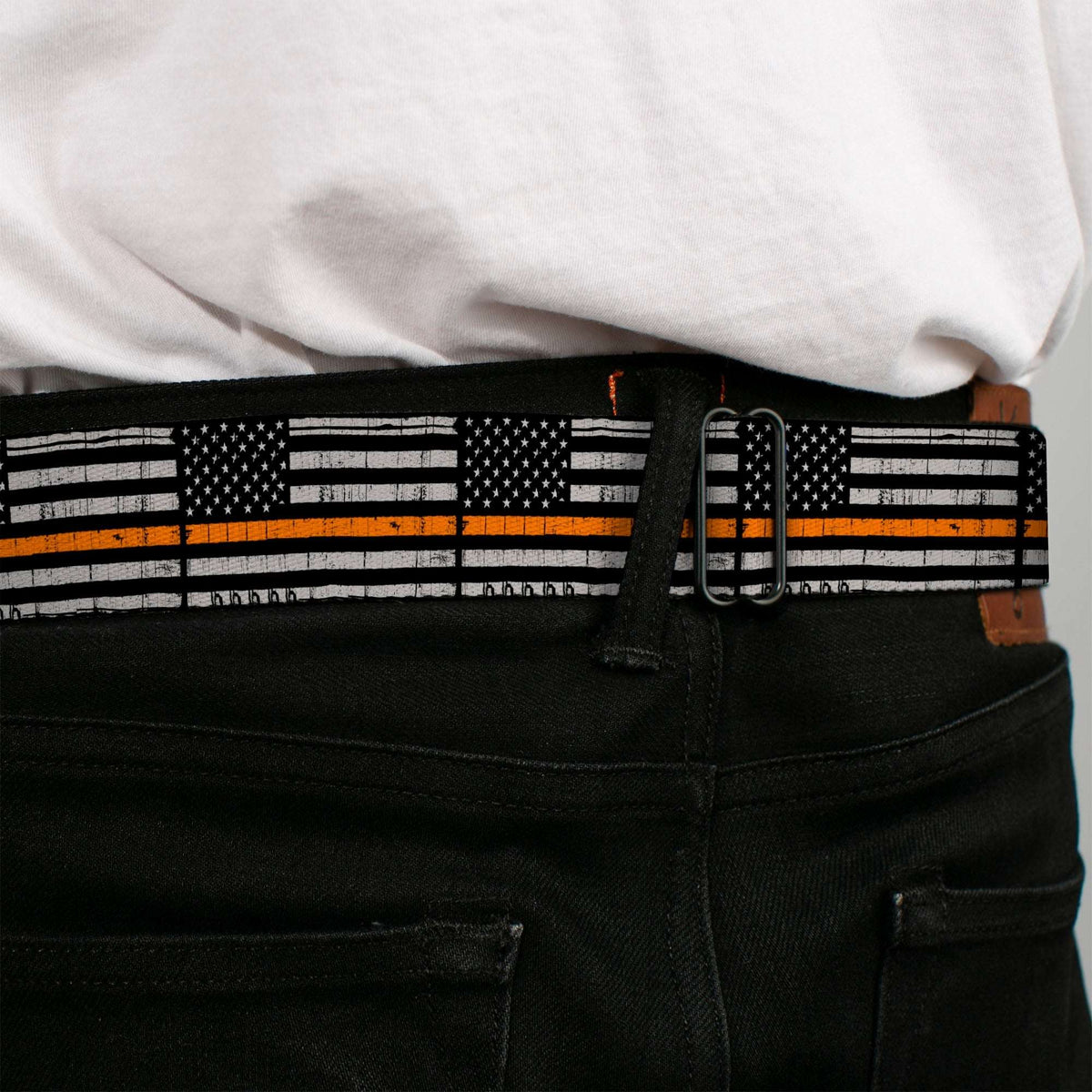 BD Wings Logo CLOSE-UP Black/Silver Seatbelt Belt - Thin Orange Line Flag Weathered Black/Gray/Orange Webbing - Buckle-Down - Flyclothing LLC