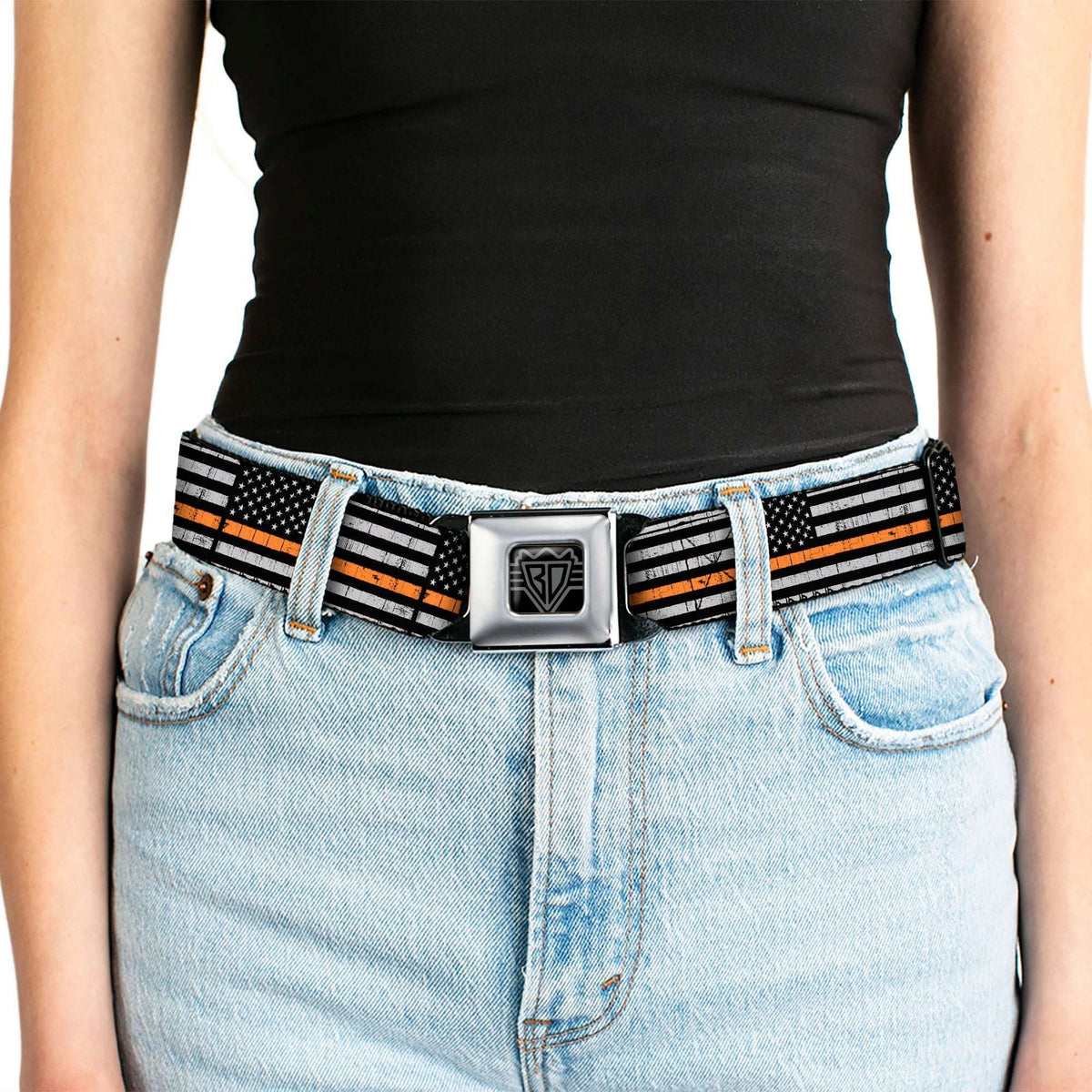 BD Wings Logo CLOSE-UP Black/Silver Seatbelt Belt - Thin Orange Line Flag Weathered Black/Gray/Orange Webbing - Buckle-Down - Flyclothing LLC