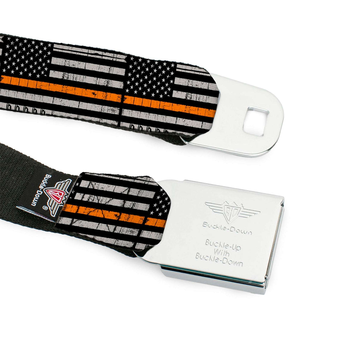 BD Wings Logo CLOSE-UP Black/Silver Seatbelt Belt - Thin Orange Line Flag Weathered Black/Gray/Orange Webbing - Buckle-Down - Flyclothing LLC