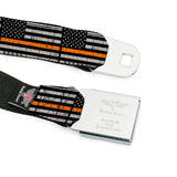 BD Wings Logo CLOSE-UP Black/Silver Seatbelt Belt - Thin Orange Line Flag Weathered Black/Gray/Orange Webbing - Buckle-Down - Flyclothing LLC