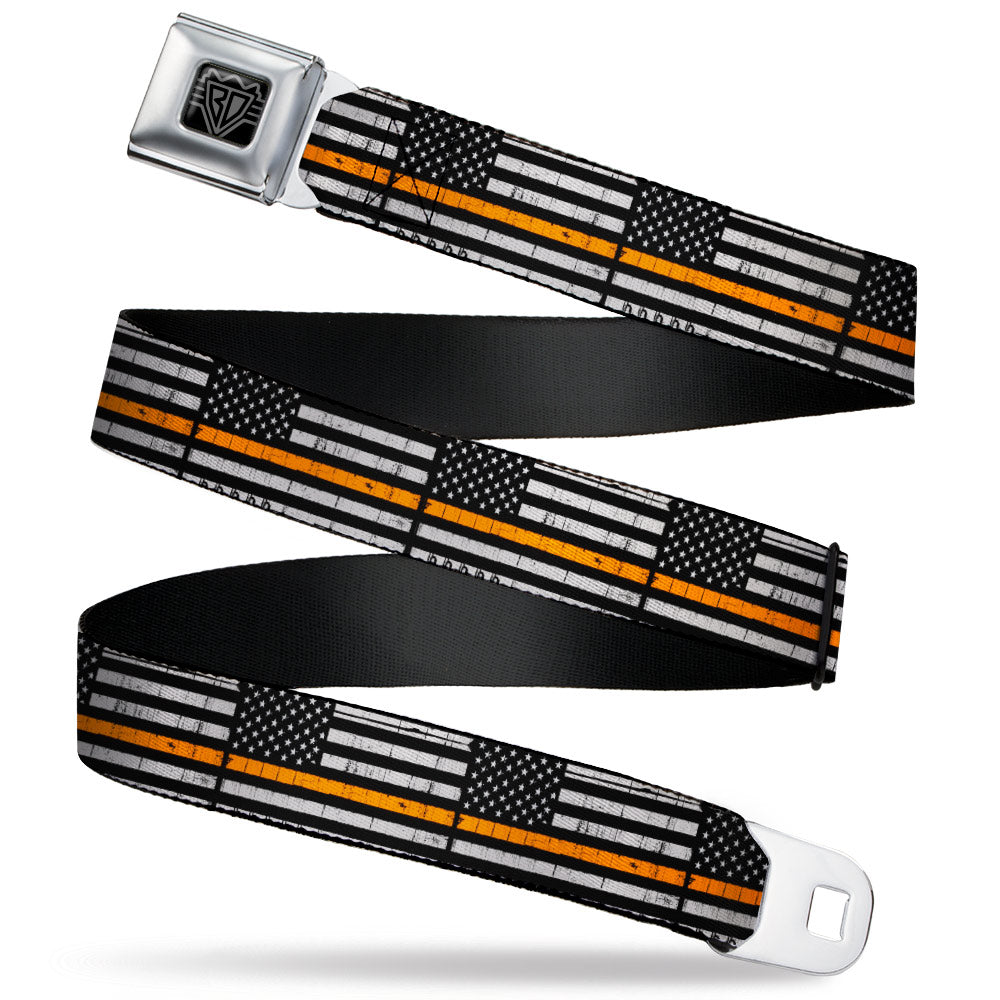 BD Wings Logo CLOSE-UP Black/Silver Seatbelt Belt - Thin Orange Line Flag Weathered Black/Gray/Orange Webbing - Buckle-Down - Flyclothing LLC