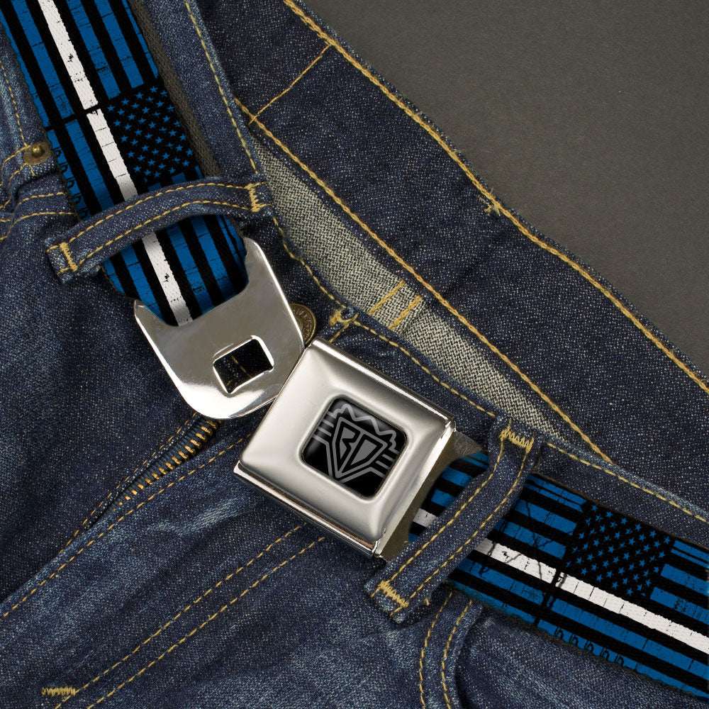 BD Wings Logo CLOSE-UP Black/Silver Seatbelt Belt - Thin White Line Flag Weathered Black/Blue/White Webbing - Buckle-Down - Flyclothing LLC
