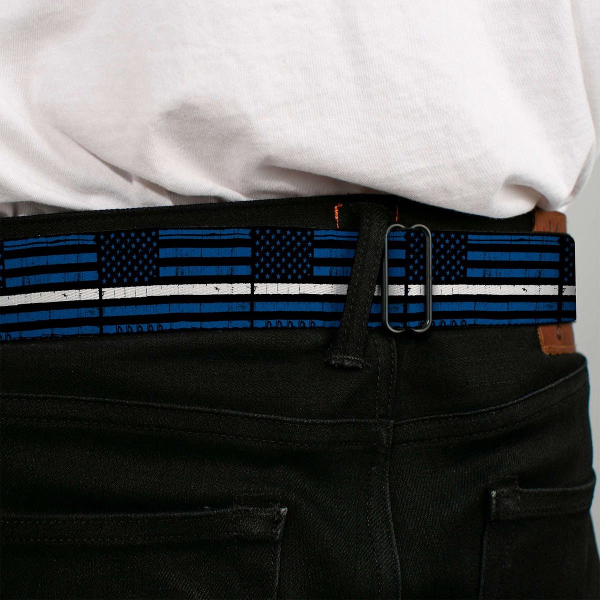 BD Wings Logo CLOSE-UP Black/Silver Seatbelt Belt - Thin White Line Flag Weathered Black/Blue/White Webbing - Buckle-Down - Flyclothing LLC