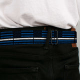 BD Wings Logo CLOSE-UP Black/Silver Seatbelt Belt - Thin White Line Flag Weathered Black/Blue/White Webbing - Buckle-Down - Flyclothing LLC