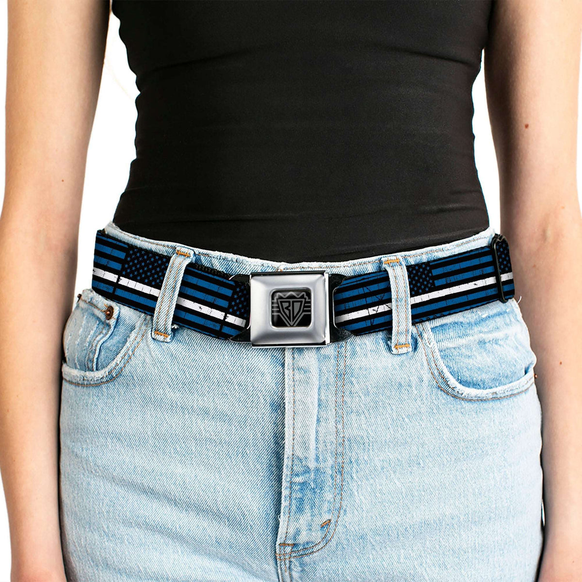 BD Wings Logo CLOSE-UP Black/Silver Seatbelt Belt - Thin White Line Flag Weathered Black/Blue/White Webbing - Buckle-Down - Flyclothing LLC