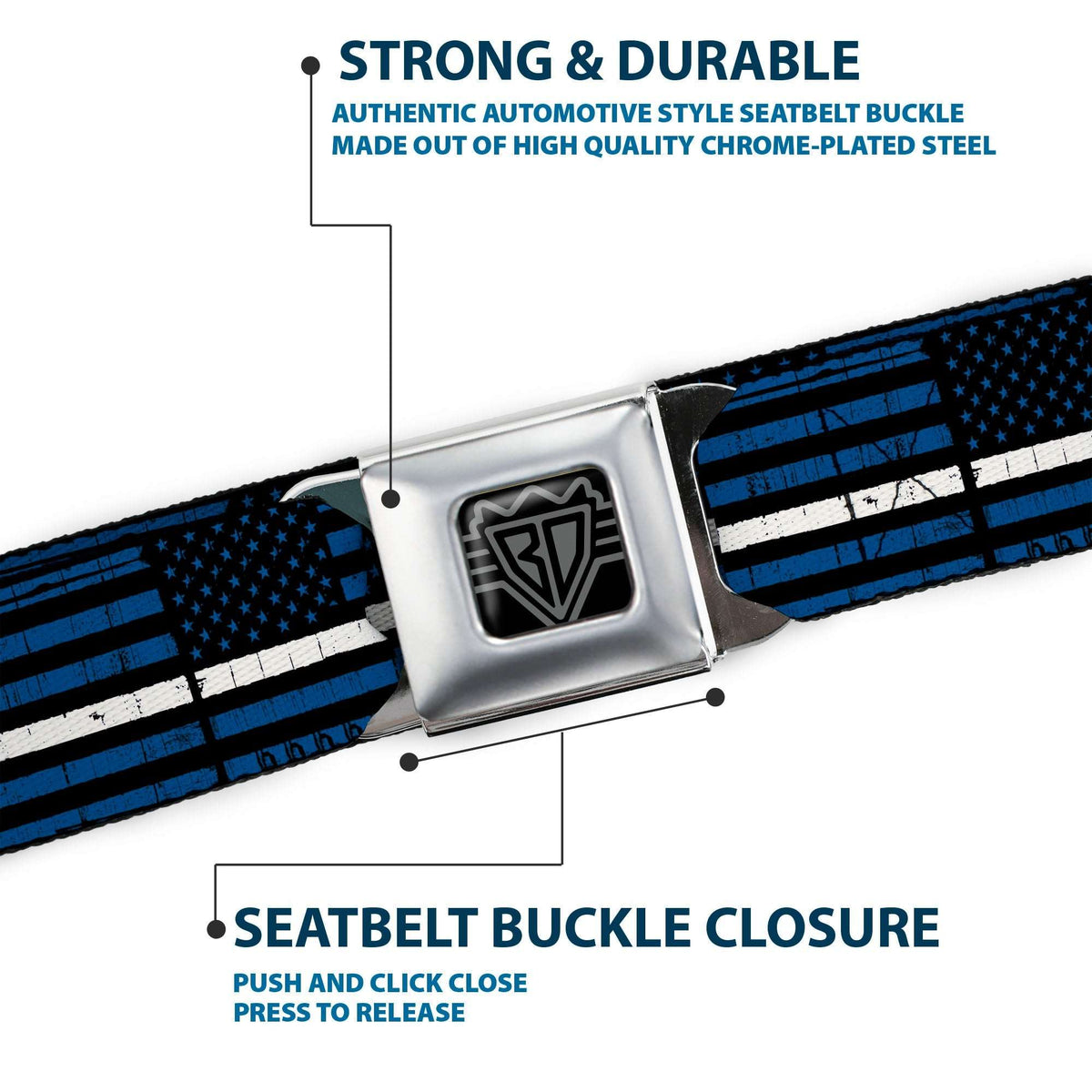BD Wings Logo CLOSE-UP Black/Silver Seatbelt Belt - Thin White Line Flag Weathered Black/Blue/White Webbing - Buckle-Down - Flyclothing LLC