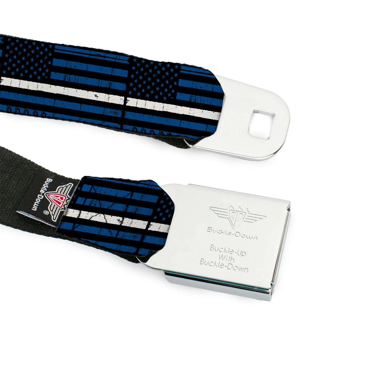 BD Wings Logo CLOSE-UP Black/Silver Seatbelt Belt - Thin White Line Flag Weathered Black/Blue/White Webbing - Buckle-Down - Flyclothing LLC