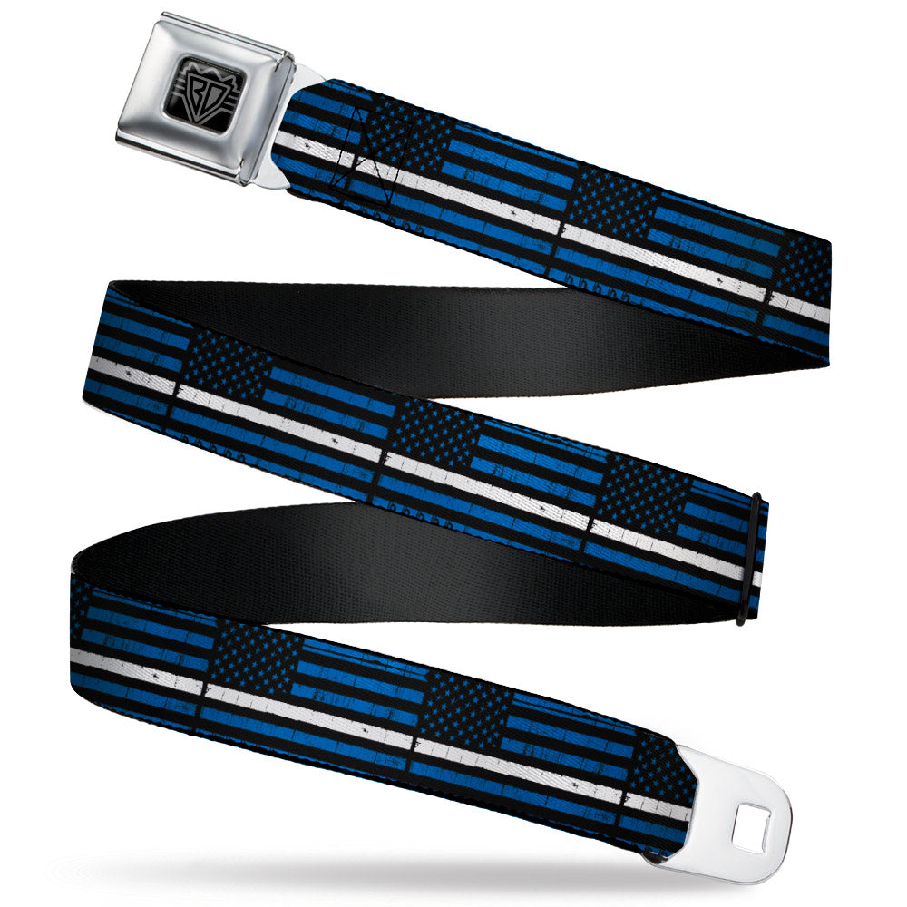 BD Wings Logo CLOSE-UP Black/Silver Seatbelt Belt - Thin White Line Flag Weathered Black/Blue/White Webbing - Buckle-Down - Flyclothing LLC