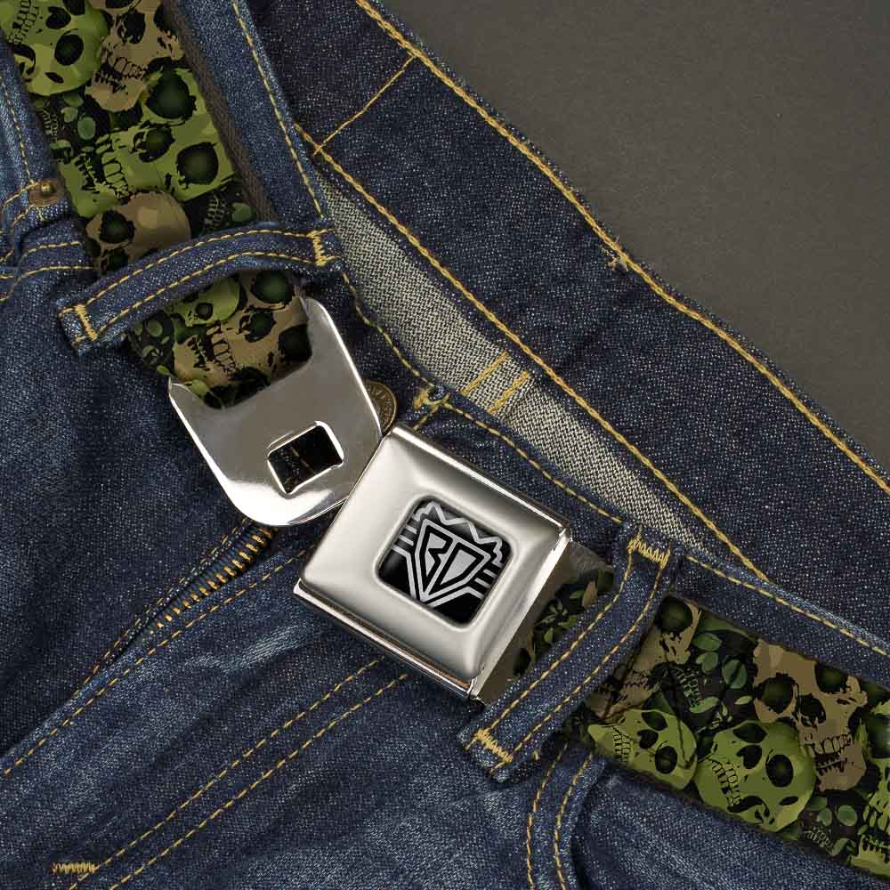 BD Wings Logo CLOSE-UP Full Color Black Silver Seatbelt Belt - Camo Olive/Black Skull Yard2 Webbing - Buckle-Down - Flyclothing LLC