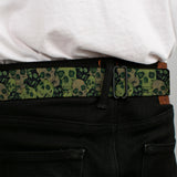 BD Wings Logo CLOSE-UP Full Color Black Silver Seatbelt Belt - Camo Olive/Black Skull Yard2 Webbing - Buckle-Down - Flyclothing LLC