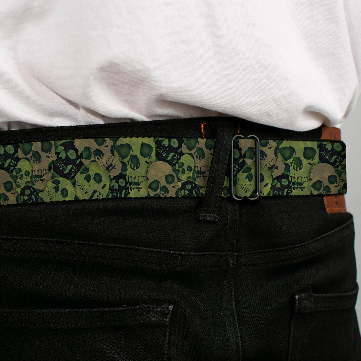 BD Wings Logo CLOSE-UP Full Color Black Silver Seatbelt Belt - Camo Olive/Black Skull Yard2 Webbing - Buckle-Down - Flyclothing LLC