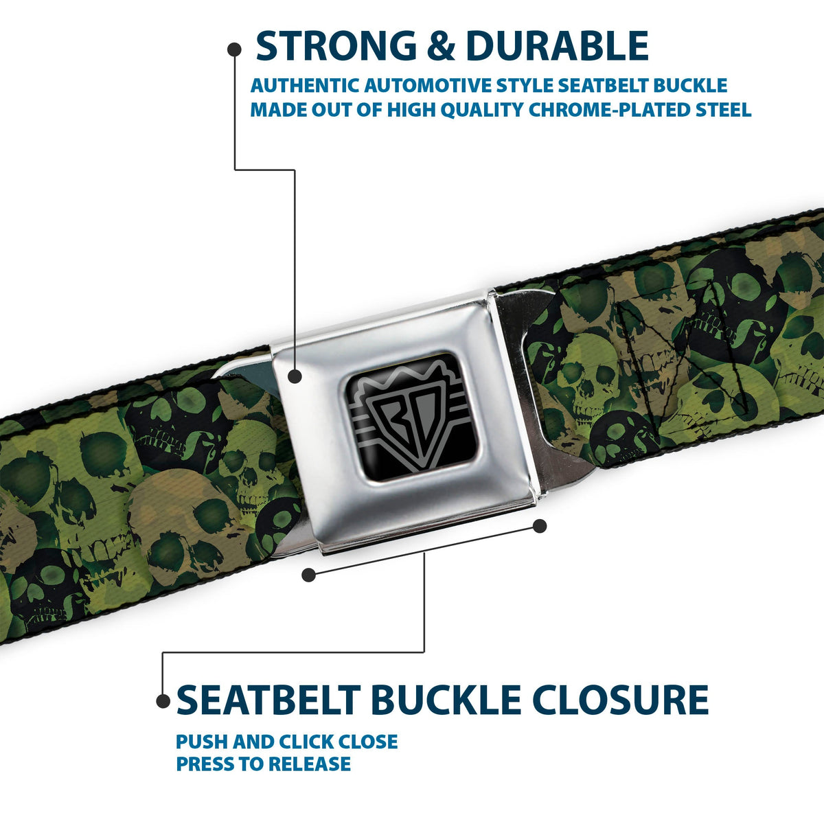 BD Wings Logo CLOSE-UP Full Color Black Silver Seatbelt Belt - Camo Olive/Black Skull Yard2 Webbing - Buckle-Down - Flyclothing LLC
