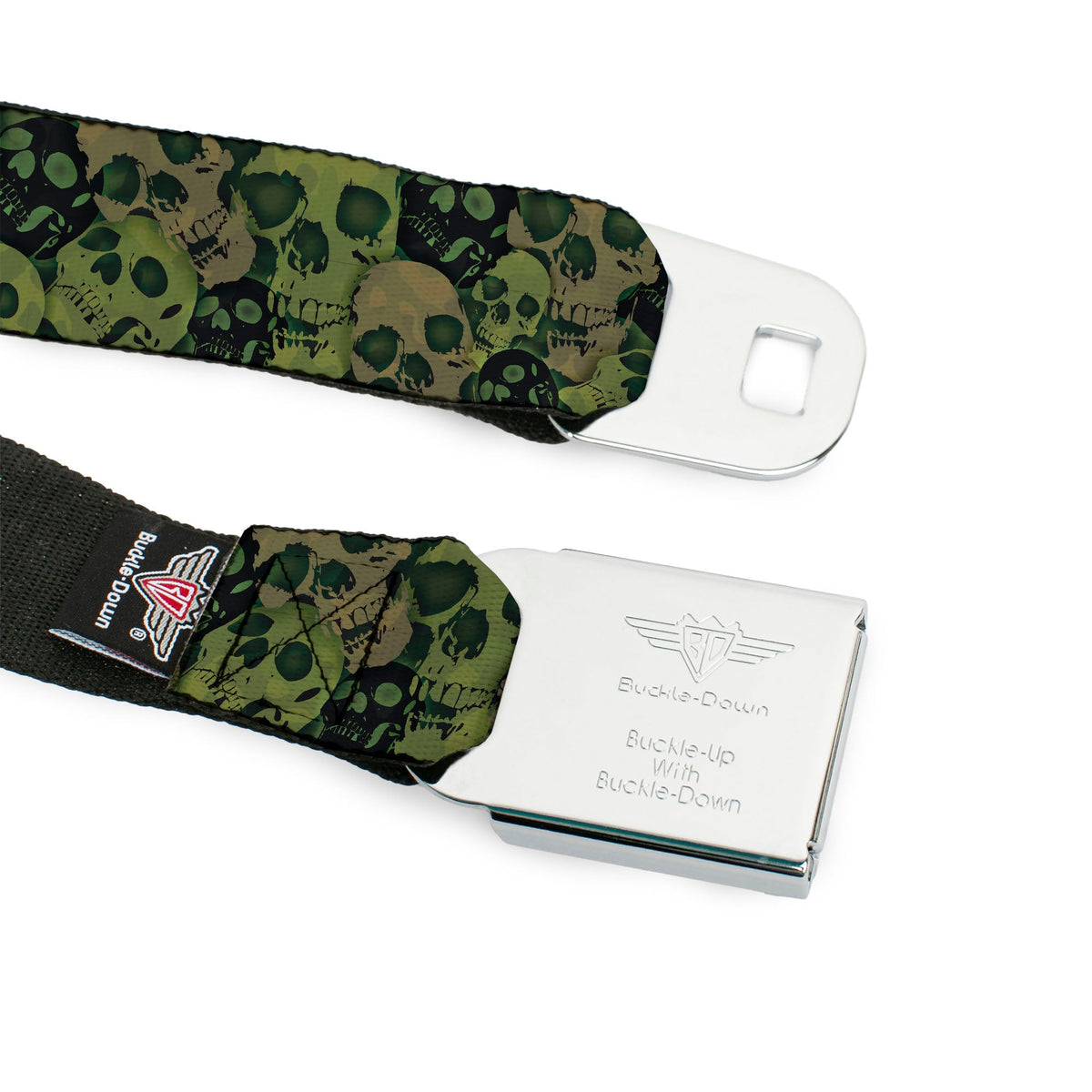 BD Wings Logo CLOSE-UP Full Color Black Silver Seatbelt Belt - Camo Olive/Black Skull Yard2 Webbing - Buckle-Down - Flyclothing LLC