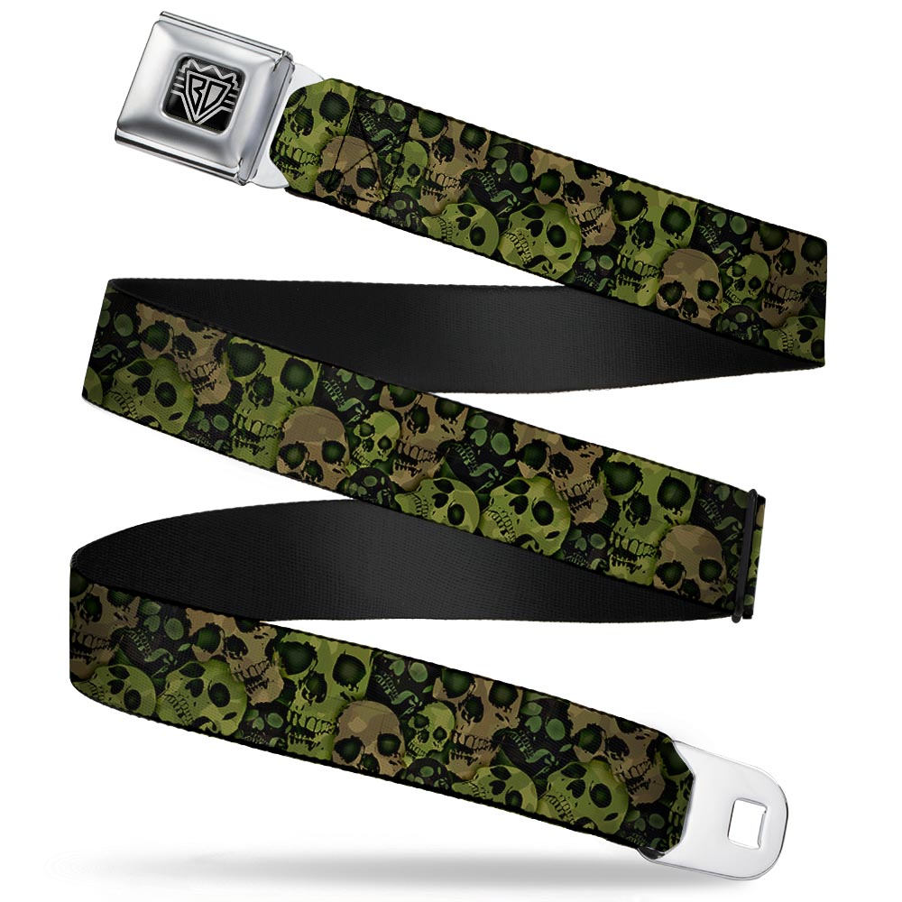 BD Wings Logo CLOSE-UP Full Color Black Silver Seatbelt Belt - Camo Olive/Black Skull Yard2 Webbing - Buckle-Down - Flyclothing LLC