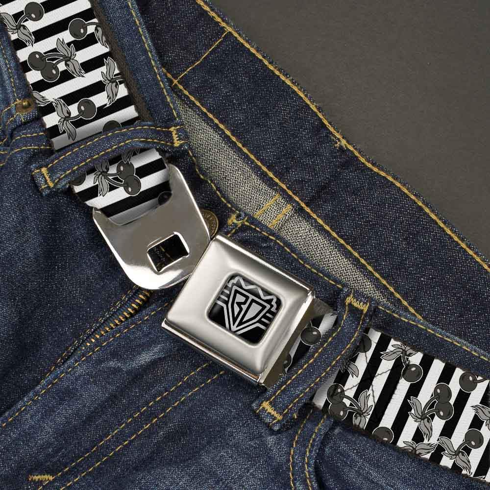 BD Wings Logo CLOSE-UP Full Color Black Silver Seatbelt Belt - Cherries Scattered/Vertical Stripe White/Black/Grays Webbing - Buckle-Down - Flyclothing LLC