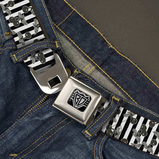 BD Wings Logo CLOSE-UP Full Color Black Silver Seatbelt Belt - Cherries Scattered/Vertical Stripe White/Black/Grays Webbing - Buckle-Down - Flyclothing LLC