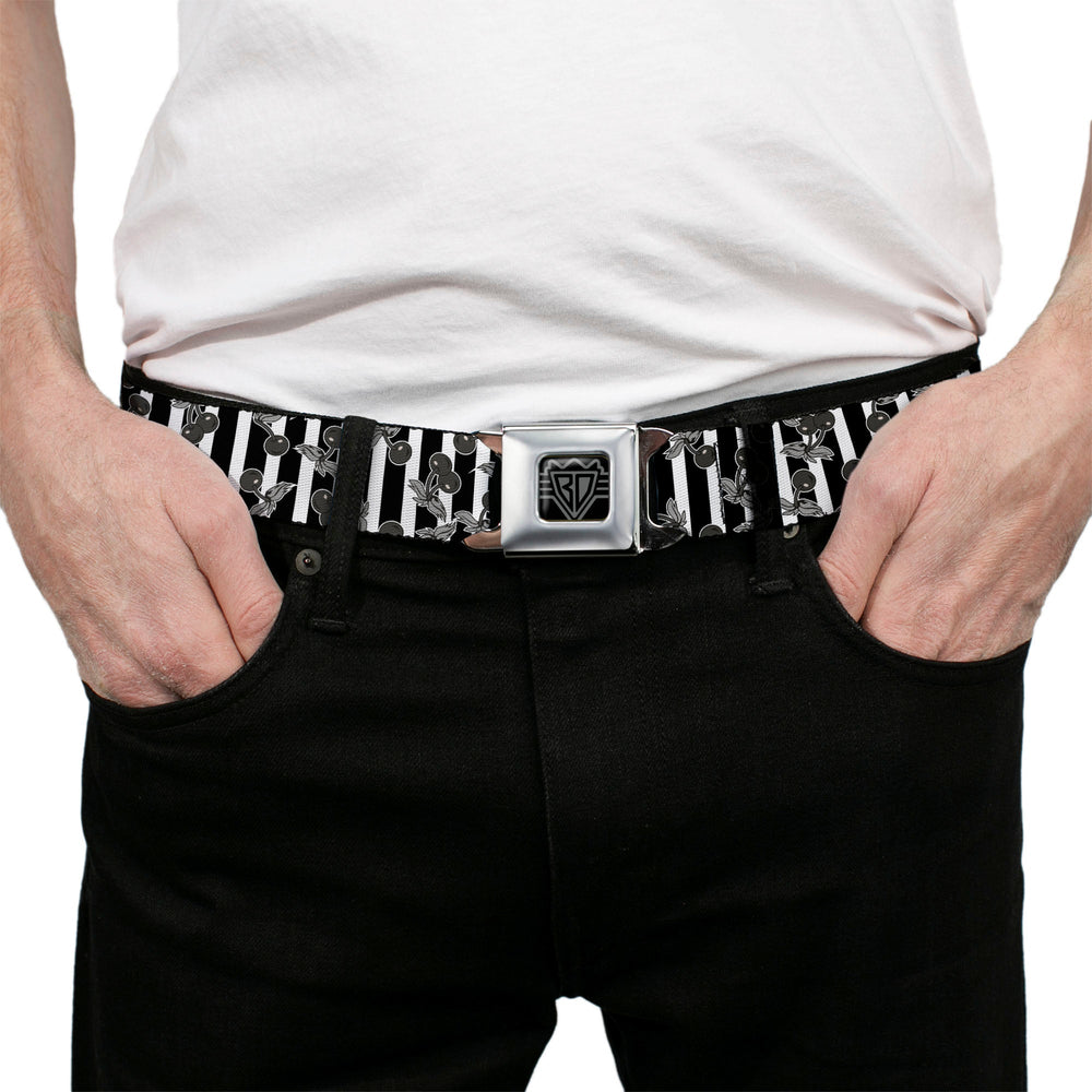 BD Wings Logo CLOSE-UP Full Color Black Silver Seatbelt Belt - Cherries Scattered/Vertical Stripe White/Black/Grays Webbing - Buckle-Down - Flyclothing LLC