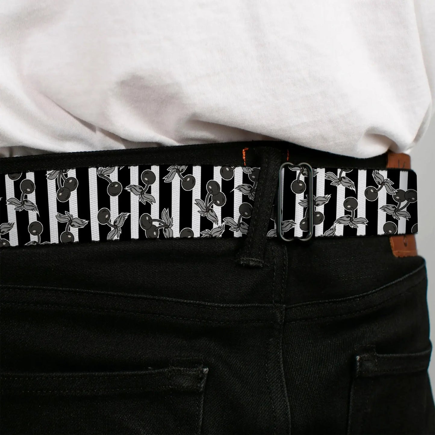 BD Wings Logo CLOSE-UP Full Color Black Silver Seatbelt Belt - Cherries Scattered/Vertical Stripe White/Black/Grays Webbing - Buckle-Down - Flyclothing LLC