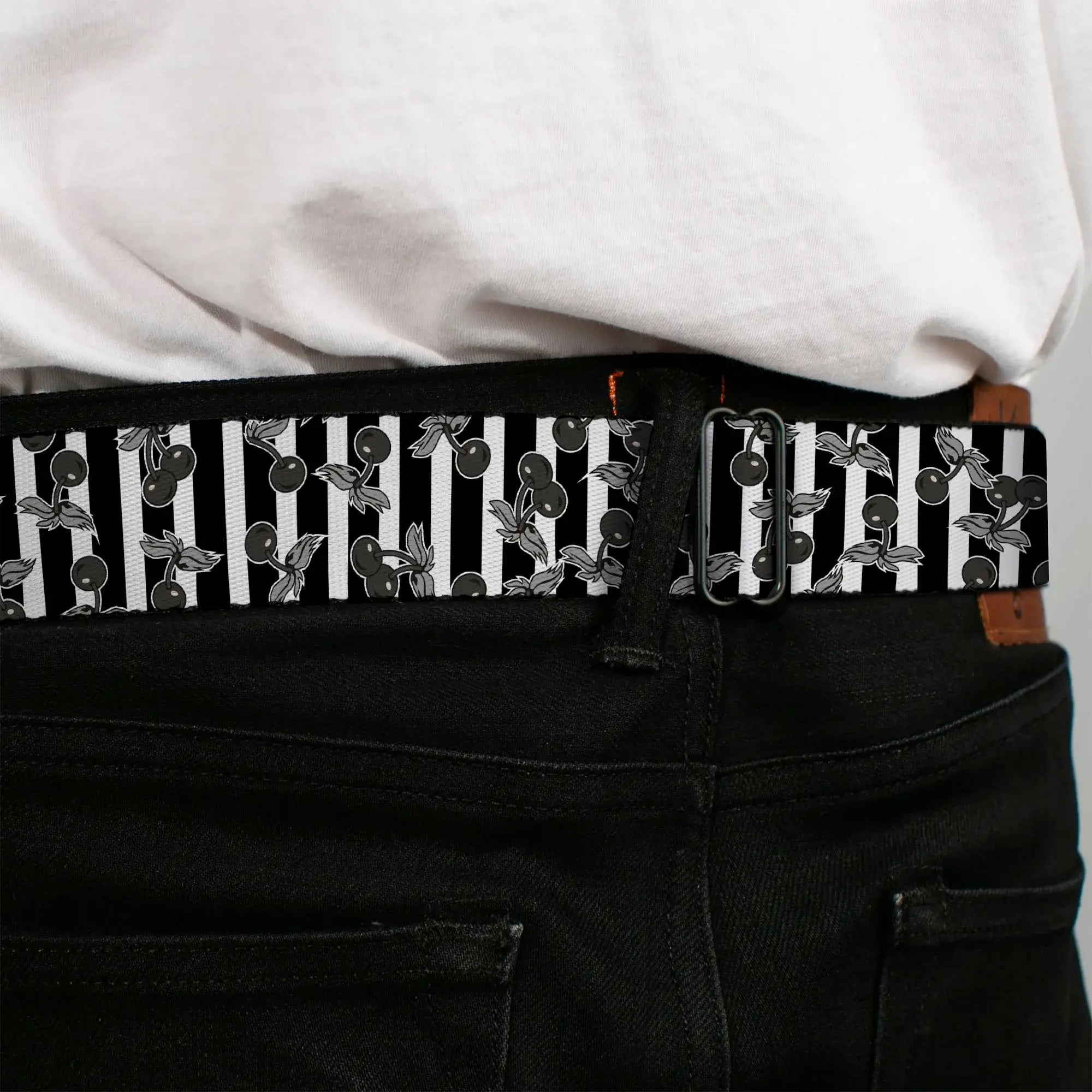 BD Wings Logo CLOSE-UP Full Color Black Silver Seatbelt Belt - Cherries Scattered/Vertical Stripe White/Black/Grays Webbing - Buckle-Down - Flyclothing LLC