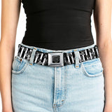 BD Wings Logo CLOSE-UP Full Color Black Silver Seatbelt Belt - Cherries Scattered/Vertical Stripe White/Black/Grays Webbing - Buckle-Down - Flyclothing LLC