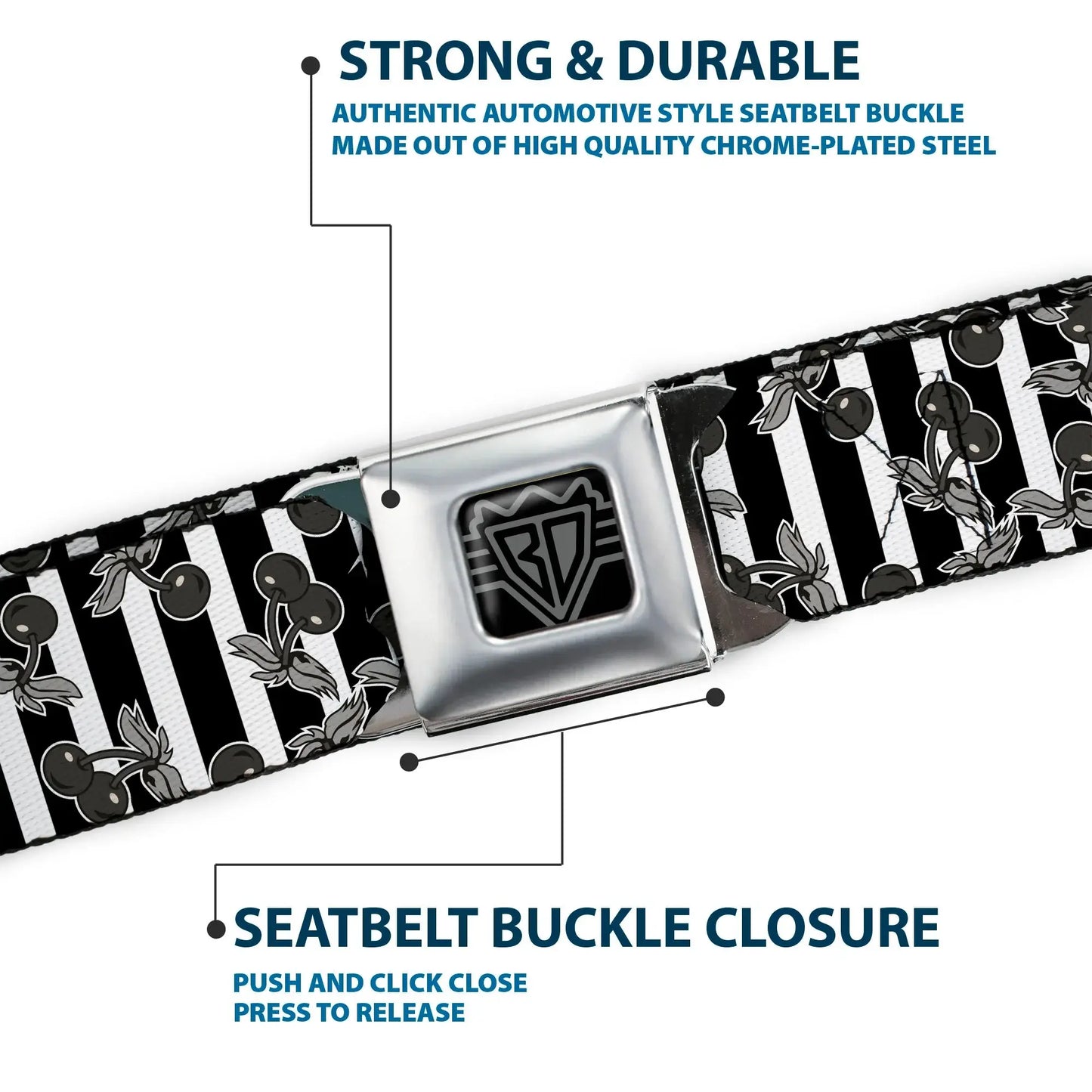 BD Wings Logo CLOSE-UP Full Color Black Silver Seatbelt Belt - Cherries Scattered/Vertical Stripe White/Black/Grays Webbing - Buckle-Down - Flyclothing LLC
