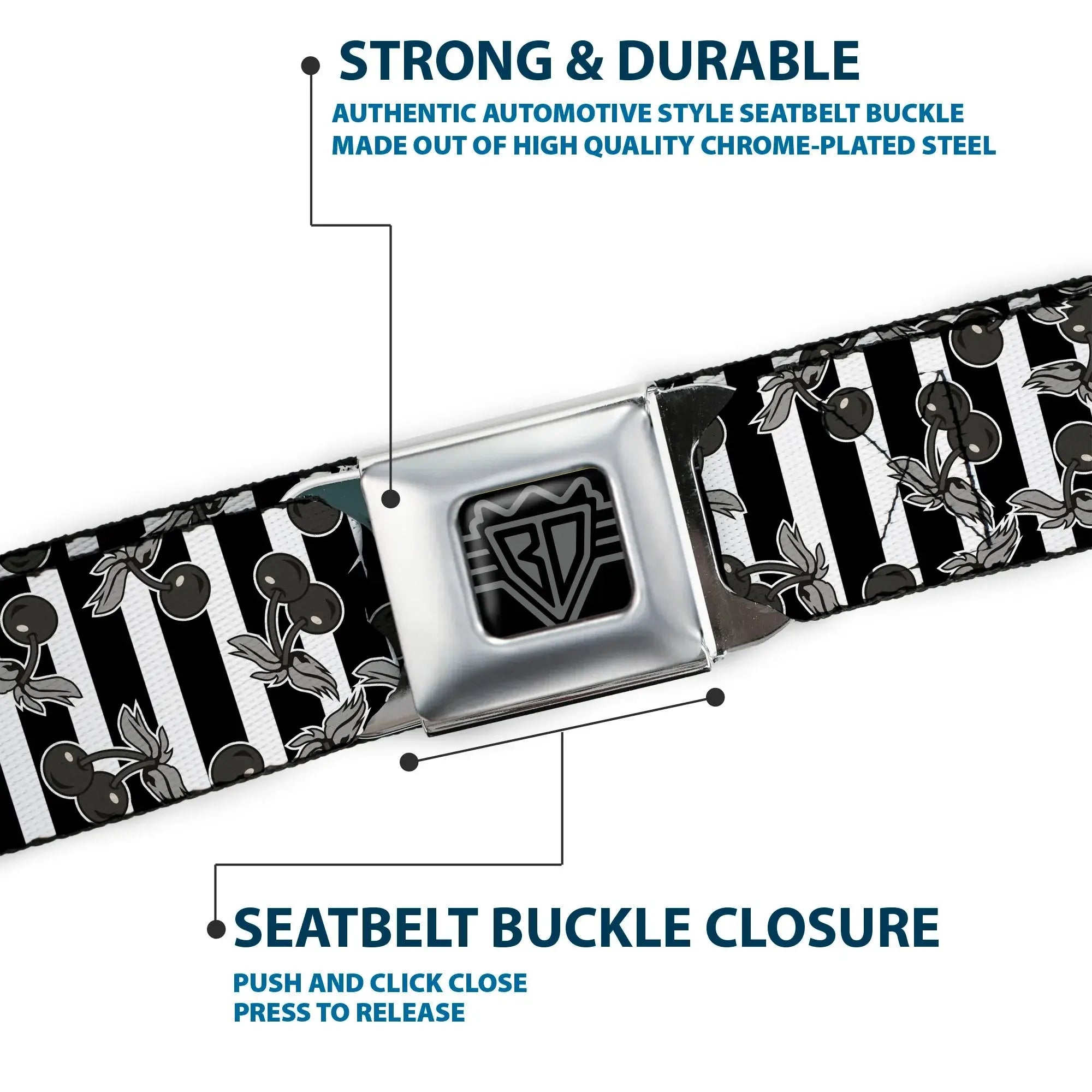 BD Wings Logo CLOSE-UP Full Color Black Silver Seatbelt Belt - Cherries Scattered/Vertical Stripe White/Black/Grays Webbing - Buckle-Down - Flyclothing LLC