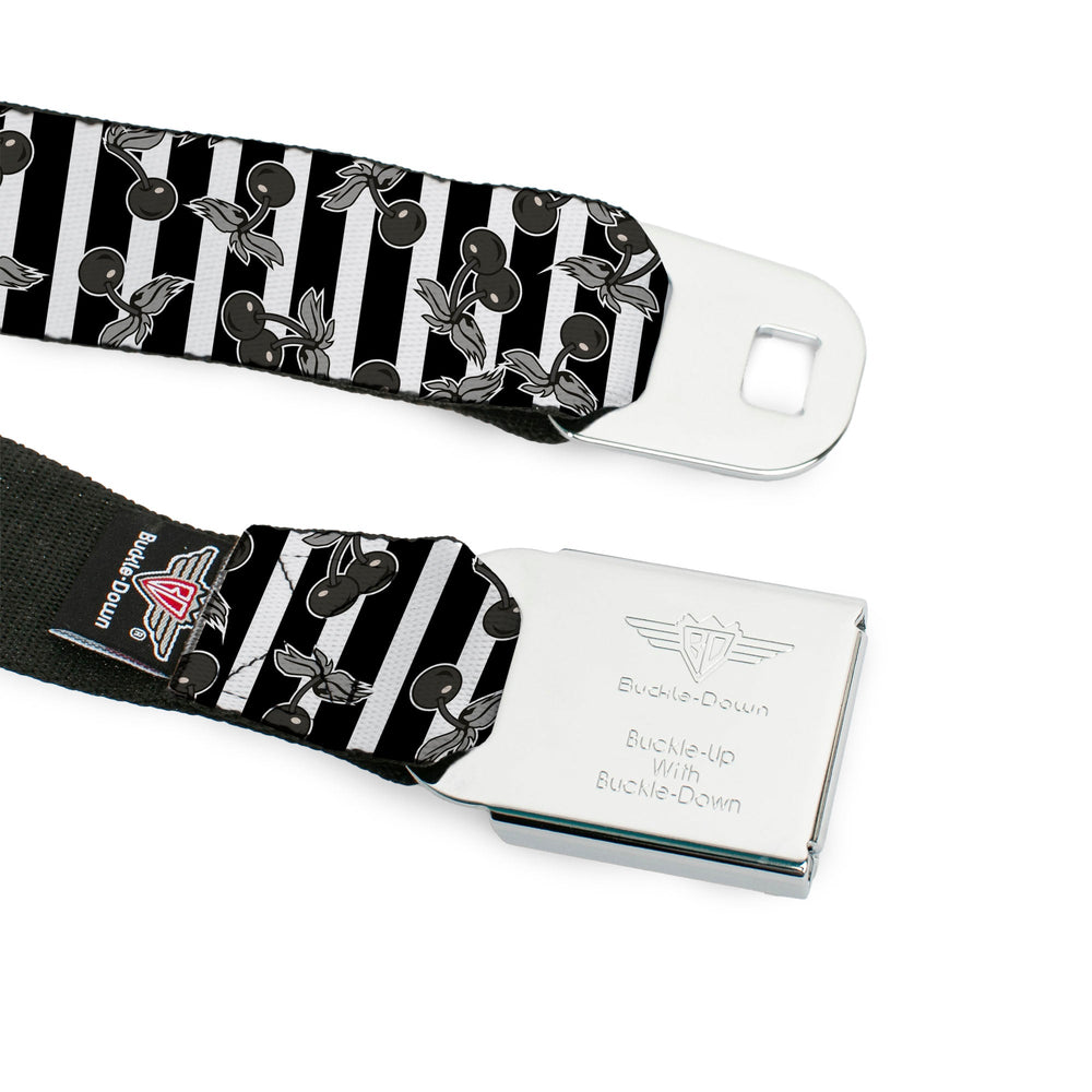 BD Wings Logo CLOSE-UP Full Color Black Silver Seatbelt Belt - Cherries Scattered/Vertical Stripe White/Black/Grays Webbing - Buckle-Down - Flyclothing LLC