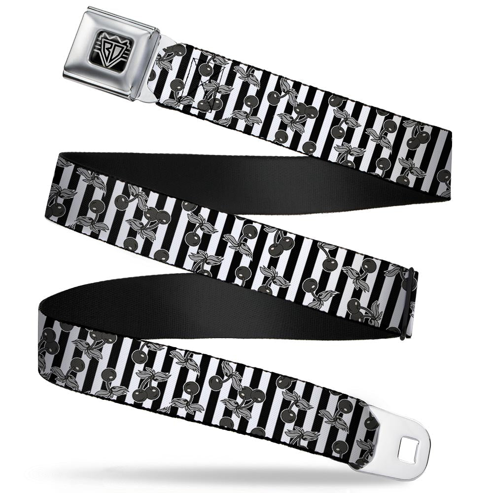 BD Wings Logo CLOSE-UP Full Color Black Silver Seatbelt Belt - Cherries Scattered/Vertical Stripe White/Black/Grays Webbing - Buckle-Down - Flyclothing LLC