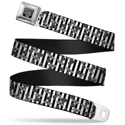 BD Wings Logo CLOSE-UP Full Color Black Silver Seatbelt Belt - Cherries Scattered/Vertical Stripe White/Black/Grays Webbing - Buckle-Down - Flyclothing LLC
