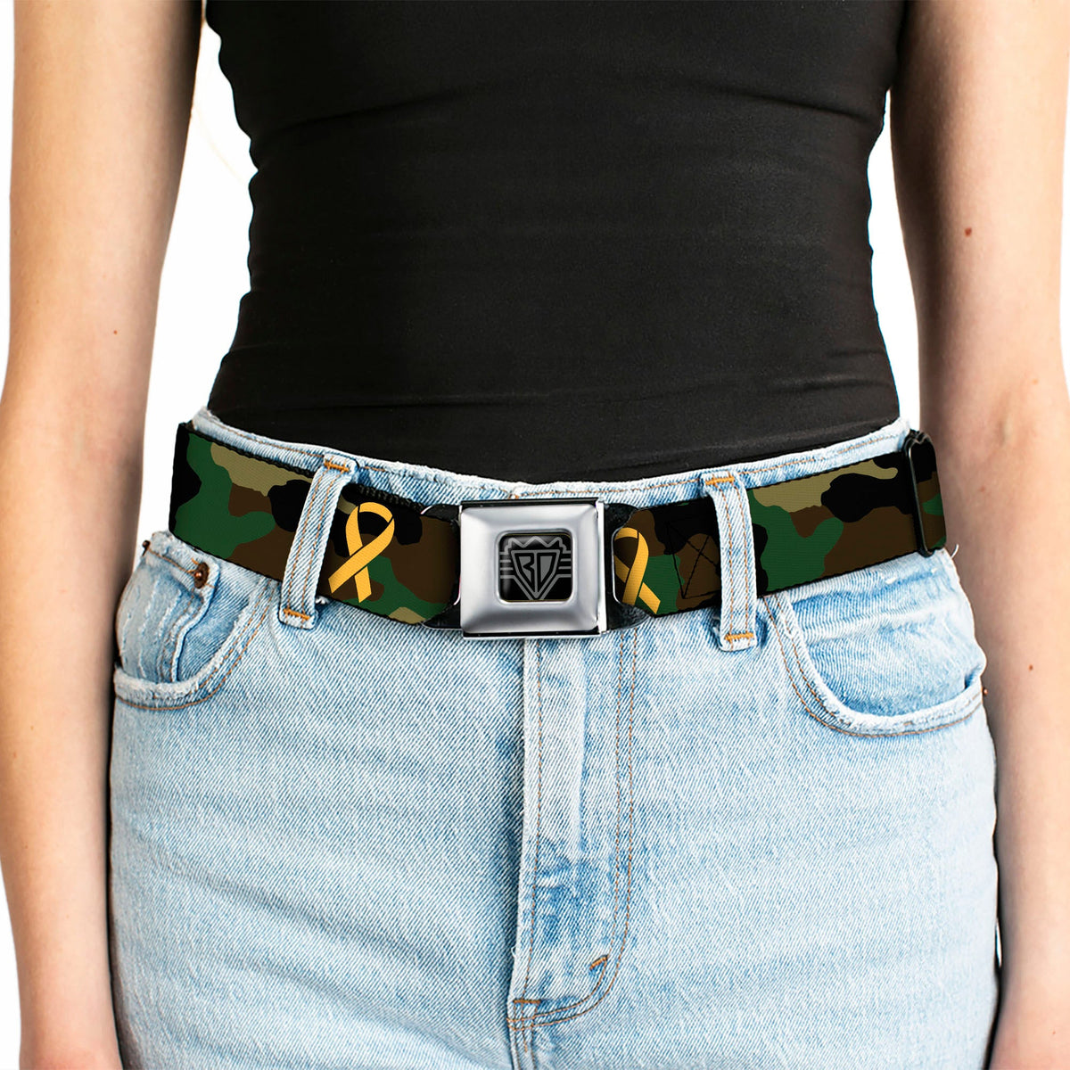 BD Wings Logo CLOSE-UP Full Color Black Silver Seatbelt Belt - Support Our Troops Camo Olive/Yellow Ribbon Webbing