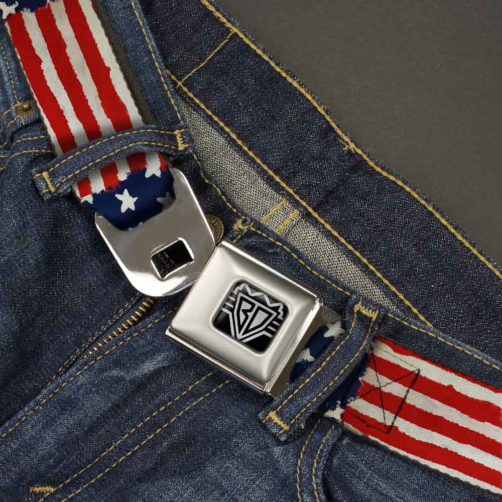 BD Wings Logo CLOSE-UP Full Color Black Silver Seatbelt Belt - Stars & Stripes Painting Webbing - Buckle-Down - Flyclothing LLC